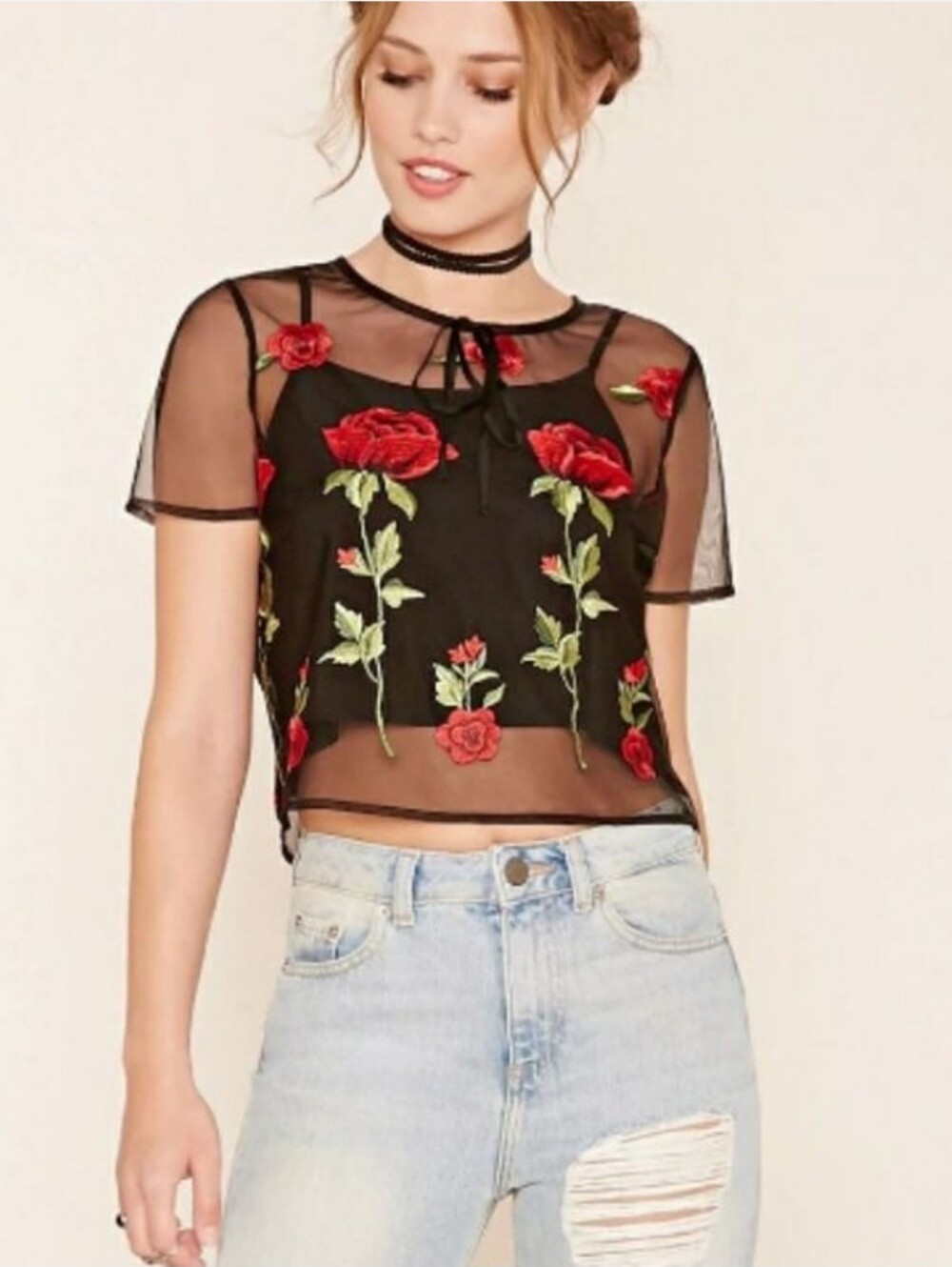 #57 Sheer Black Floral Embroidered Top